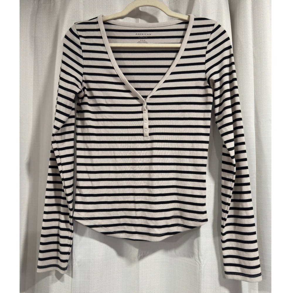 American Eagle Womens Striped Ribbed‎ Henley Long Sleeve Top Cream Black Medium
